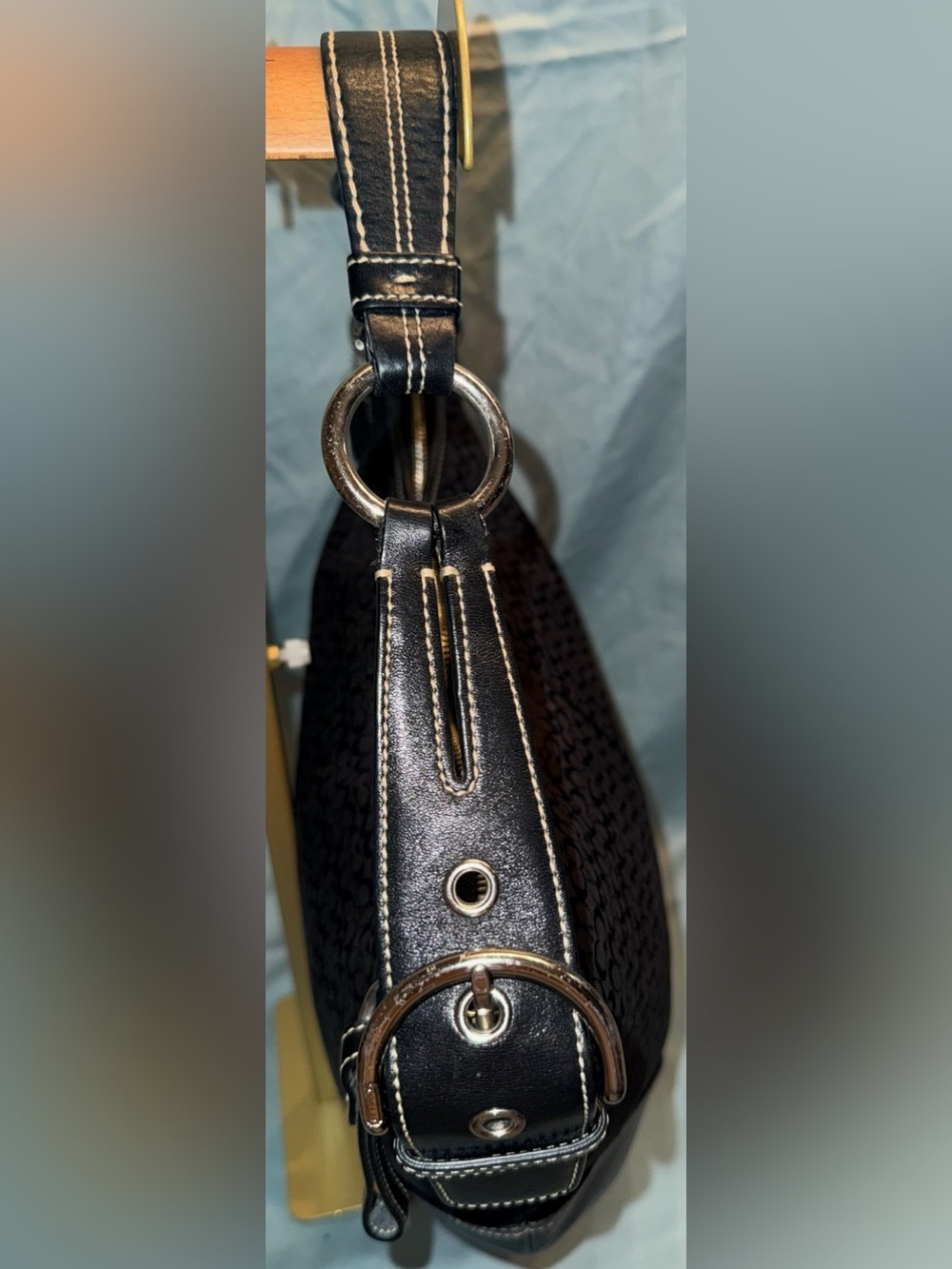 Coach Black Signature Mini C’s Jacquard Hobo with Leather Trim & White Stitching - Picture 5 of 15